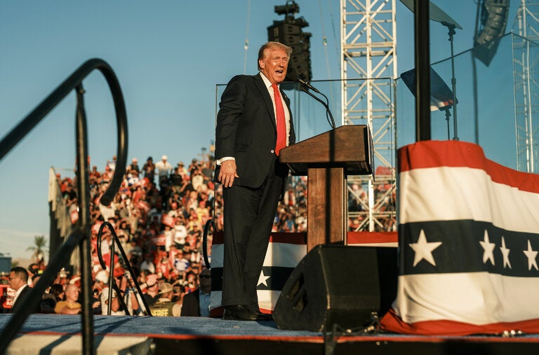 Former President Donald J. Trump at a campaign rally in Coachella, Calif., on Saturday.