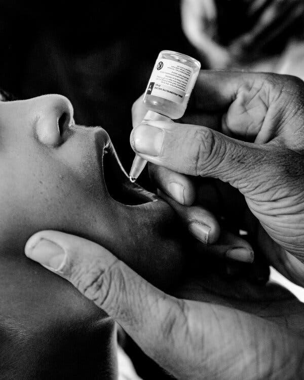 A health worker is administering the oral polio vaccine to a child.