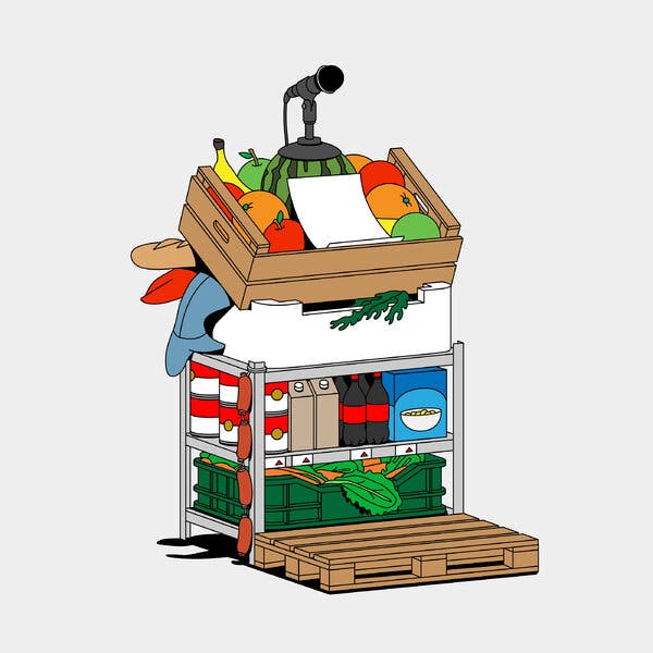 An illustration of a lectern stacked with food.