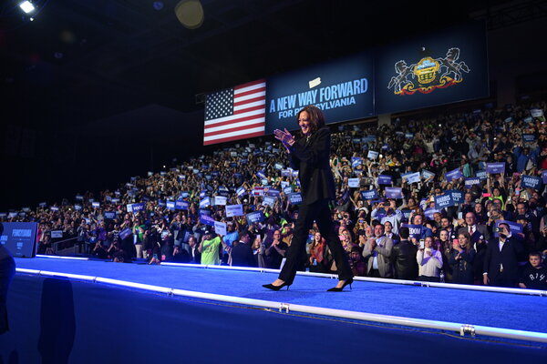 Vice President Kamala Harris at her rally on Monday night in Erie, Pa.