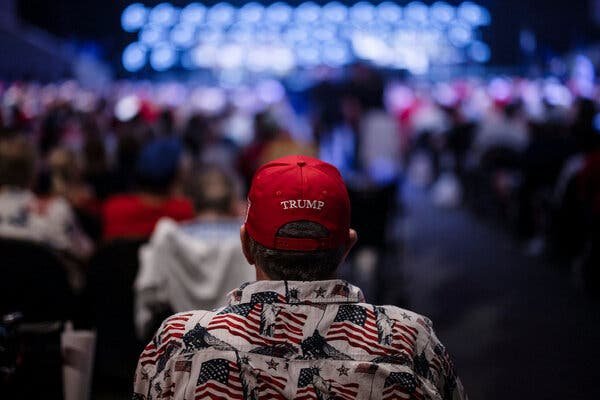 A view from behind of a man wearing a red Trump hat and a shirt decorated with American flags.