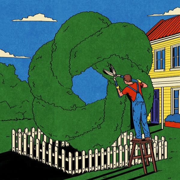 An illustration of a person trimming a hedge surrounded by a white picket fence. 