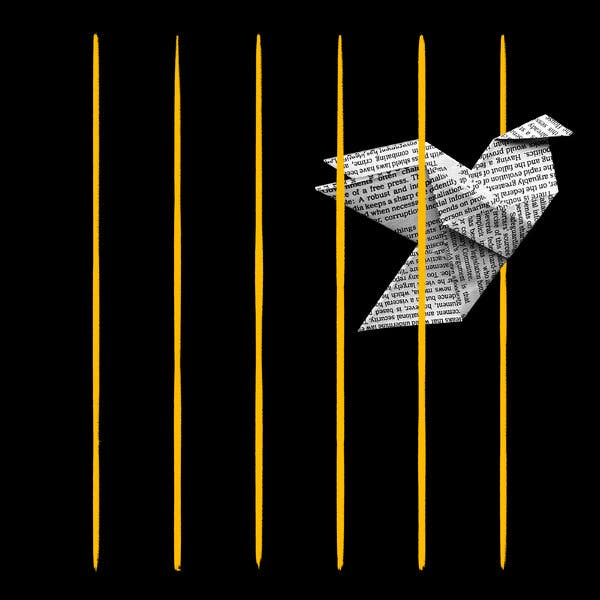 An illustration of an origami bird made of newsprint flying out between bars of a cage.