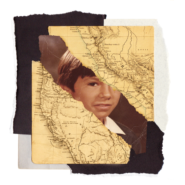 A portrait of a young boy with dark hair, over which torn maps of Peru and California are superimposed. 