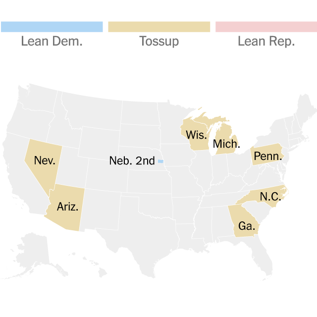 Map highlighting the most competitive states and districts in the presidential race.